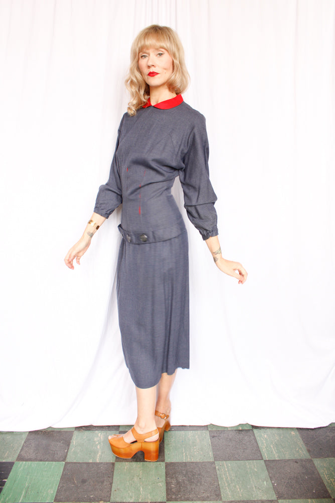1950s Blue & Red Blouse & Skirt Set - Small