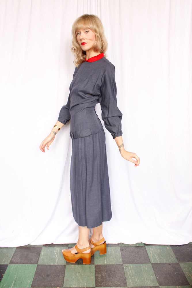 1950s Blue & Red Blouse & Skirt Set - Small