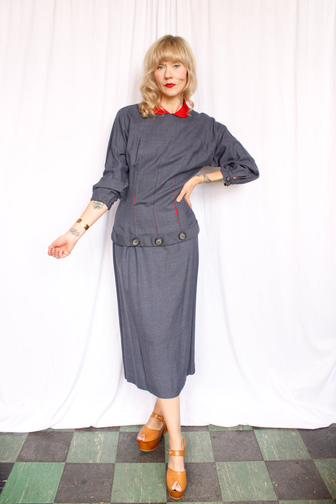 1950s Blue & Red Blouse & Skirt Set - Small