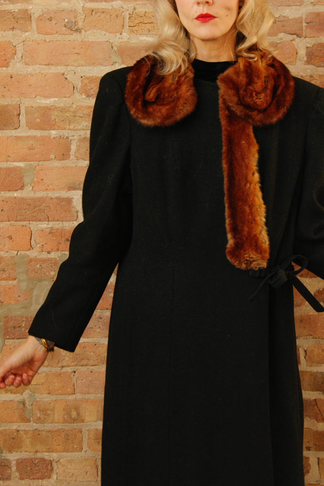 1920s Black Wool with Fur Collar Joseph Hone Co. Winter Coat - Large