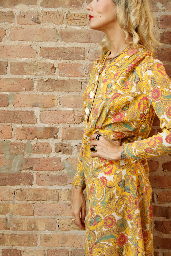1940s Cold Rayon Butterscotch Floral Dress - M/L