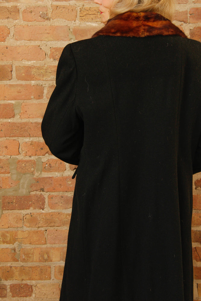1920s Black Wool with Fur Collar Joseph Hone Co. Winter Coat - Large