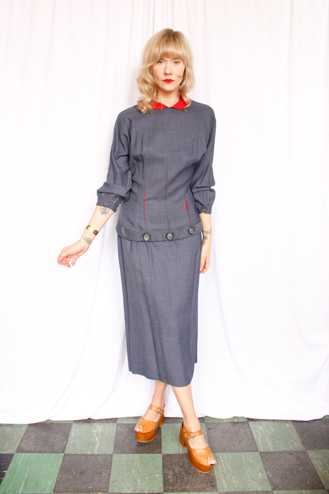 1950s Blue & Red Blouse & Skirt Set - Small