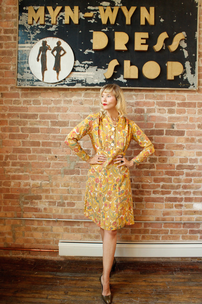1940s Cold Rayon Butterscotch Floral Dress - M/L