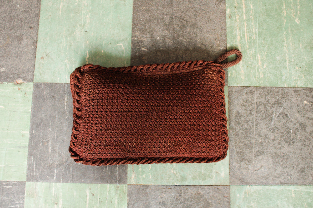 1940s Dark Brown Knit Cordé Handbag