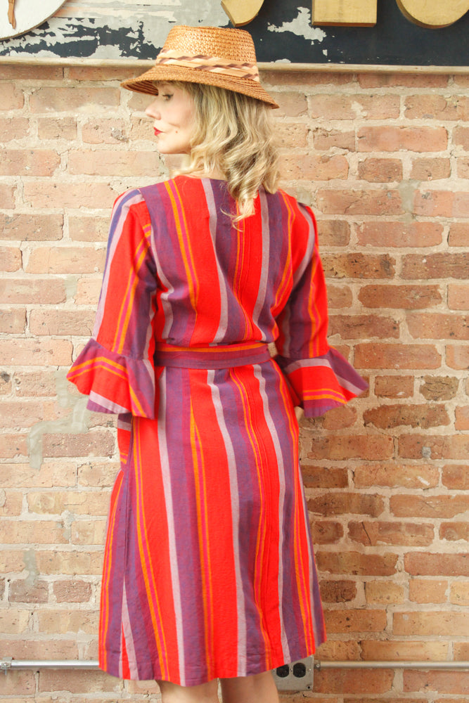 1970s Guatemalan Cotton Bright Red and Purple Stripe Dress - M/L