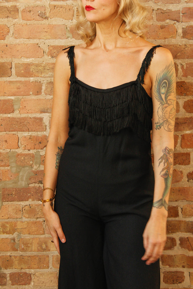 Late 1960s Black Fringe Pixie Jumpsuit - Small