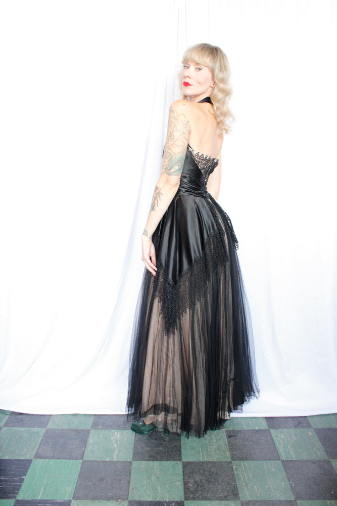 1950s Silk Satin & Tulle Marshall Fields Co Halter Gown - Small