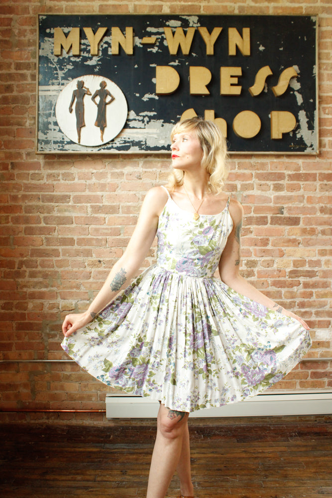 1950s Purple Rose Sun Dress - Xsmall