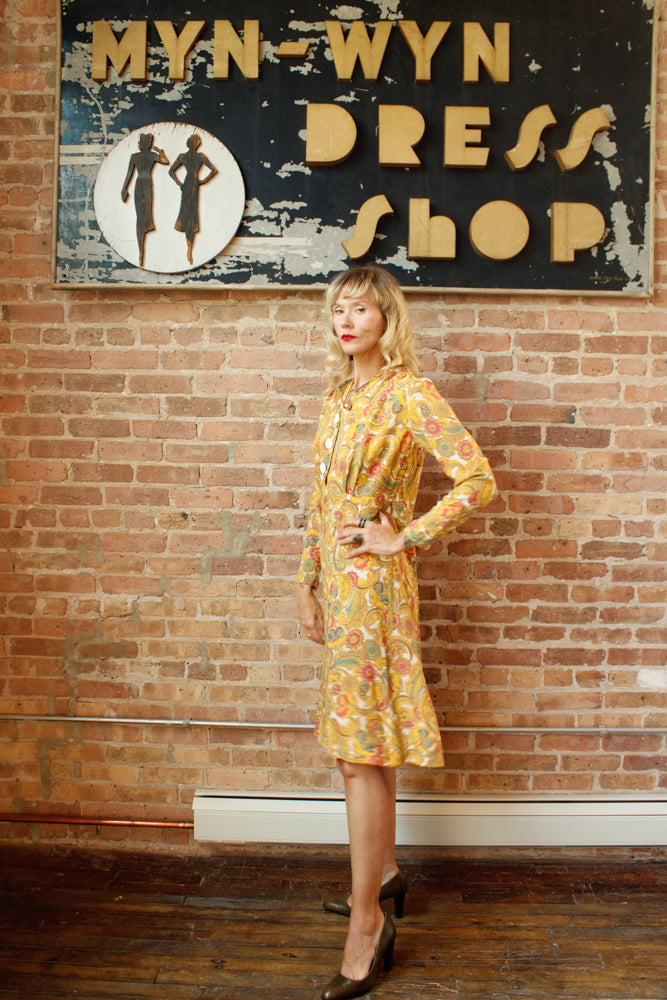 1940s Cold Rayon Butterscotch Floral Dress - M/L
