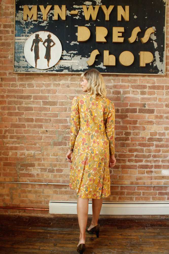 1940s Cold Rayon Butterscotch Floral Dress - M/L