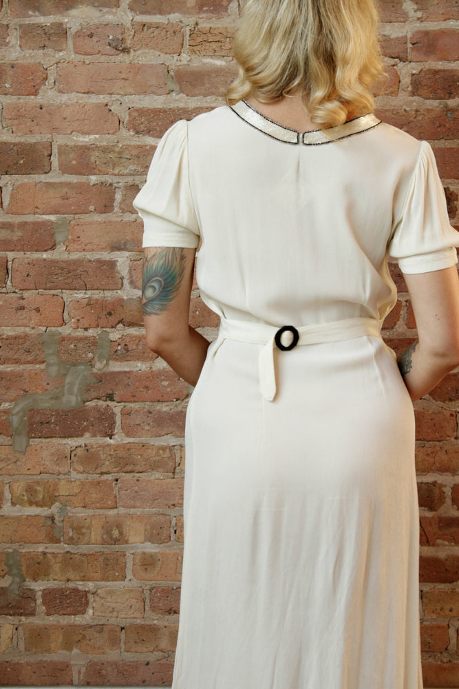 1930s Ivory Crepe Beaded Bow Dress - S/M