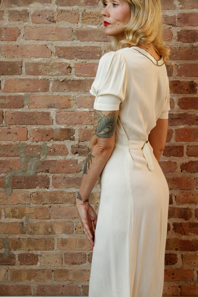 1930s Ivory Crepe Beaded Bow Dress - S/M