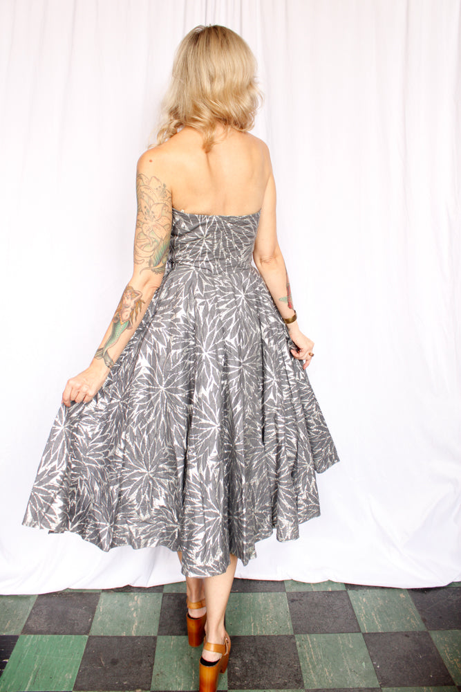 1950s Silver Leaf Fred Perlberg Strapless Party Dress with Shawl - Small