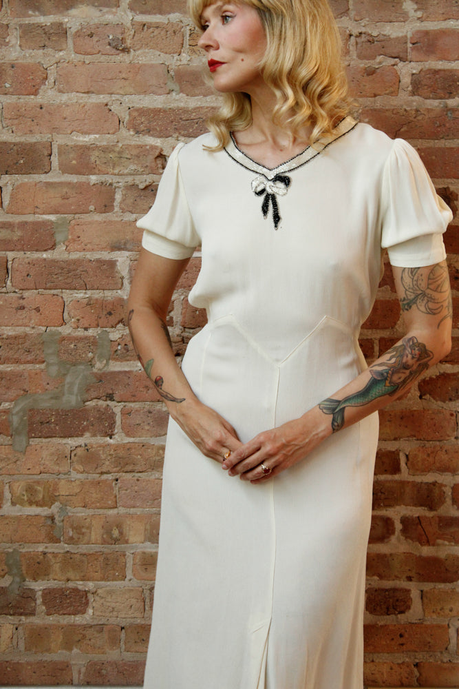 1930s Ivory Crepe Beaded Bow Dress - S/M