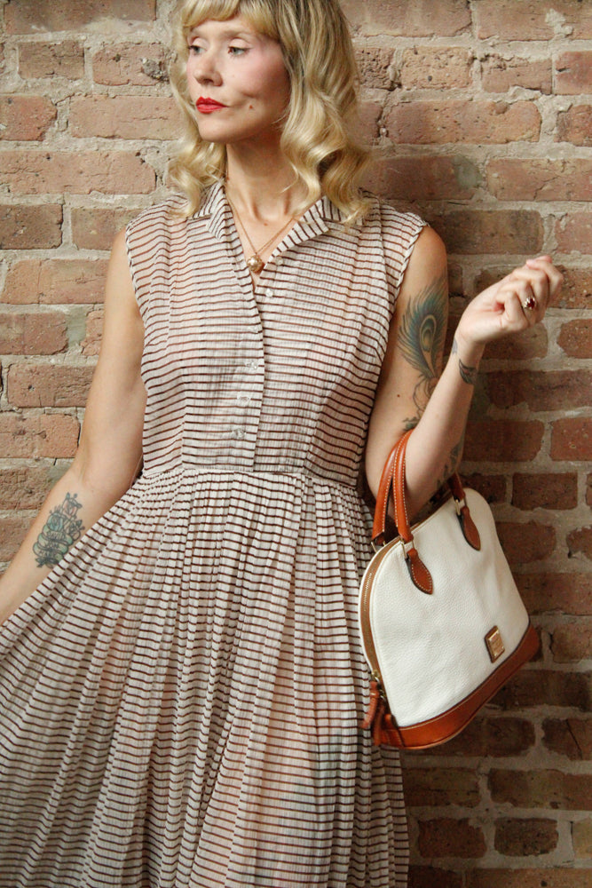 1950s Sheer Puckered Nylon Striped Dress - Medium