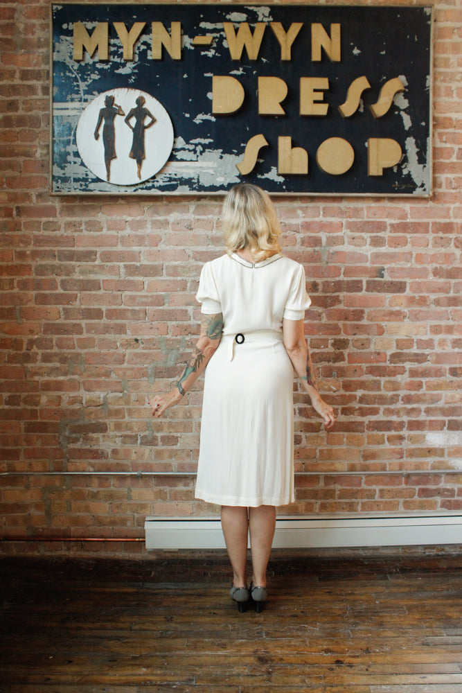 1930s Ivory Crepe Beaded Bow Dress - S/M