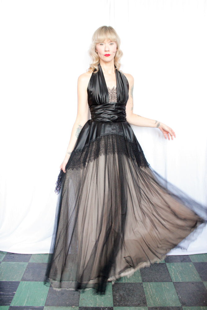 1950s Silk Satin & Tulle Marshall Fields Co Halter Gown - Small