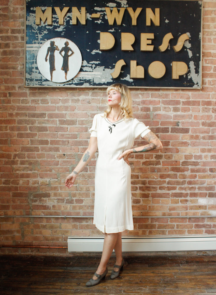 1930s Ivory Crepe Beaded Bow Dress - S/M