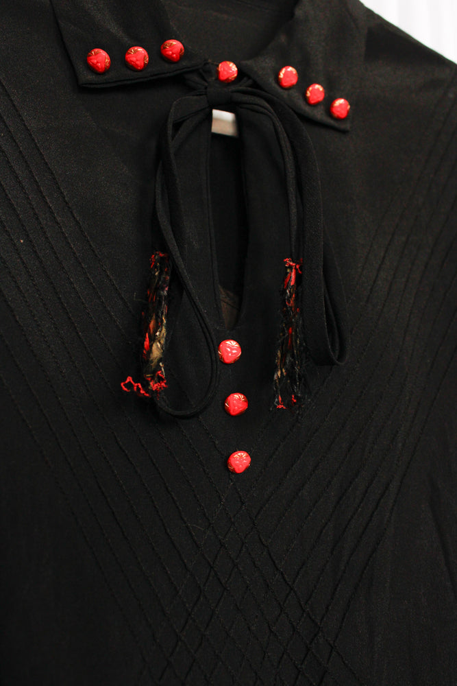 1920s Ada Black Silk Dress with Red Buttons - Medium