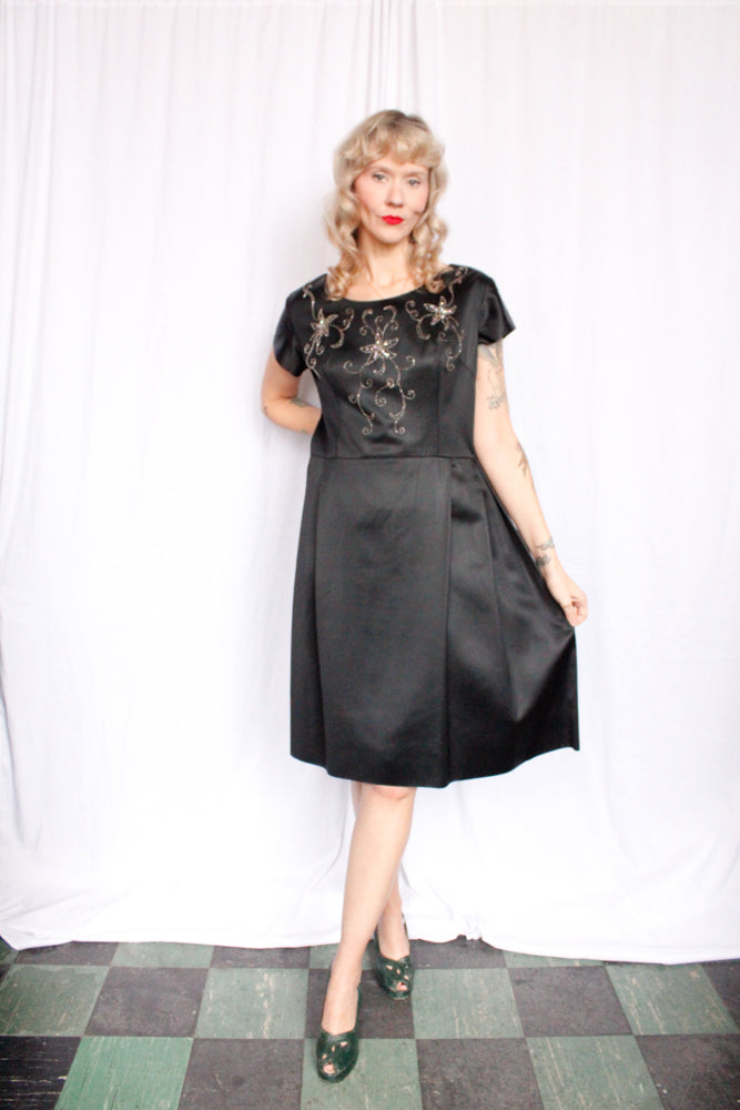 1950s Faux Satin Beaded Cocktail Dress - L/XL