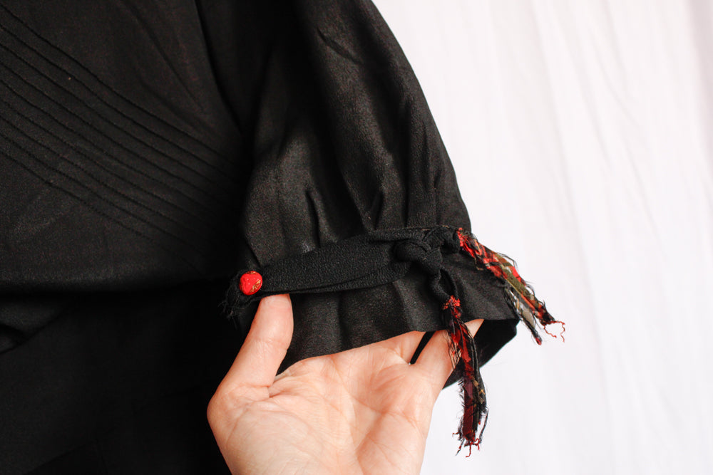 1920s Ada Black Silk Dress with Red Buttons - Medium