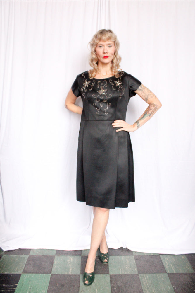 1950s Faux Satin Beaded Cocktail Dress - L/XL