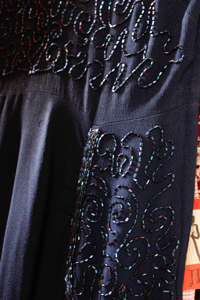 1940s Beaded Sapphire Blue Rayon Crepe Dress - Large