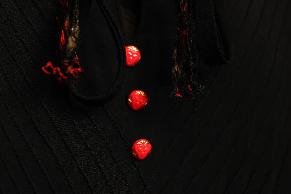 1920s Ada Black Silk Dress with Red Buttons - Medium