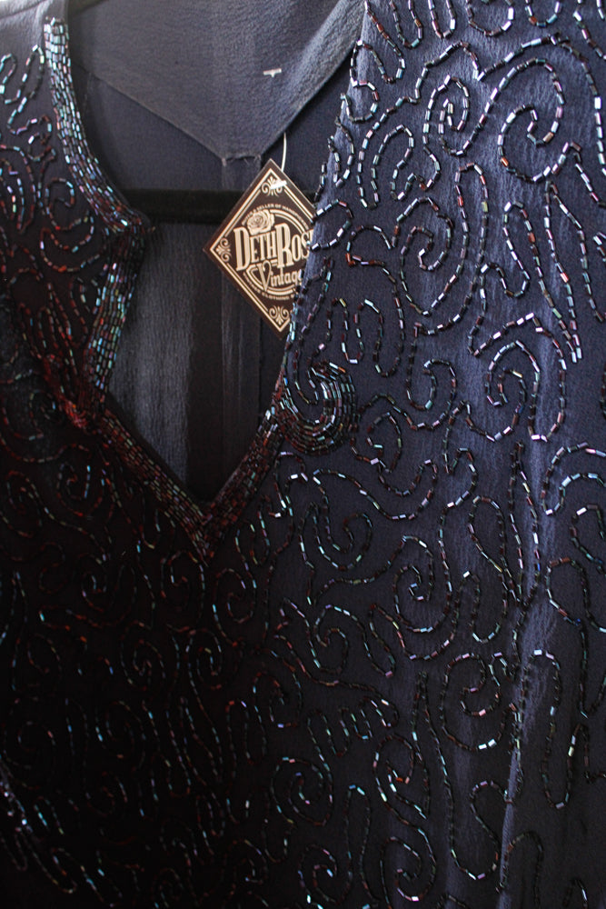 1940s Beaded Sapphire Blue Rayon Crepe Dress - Large