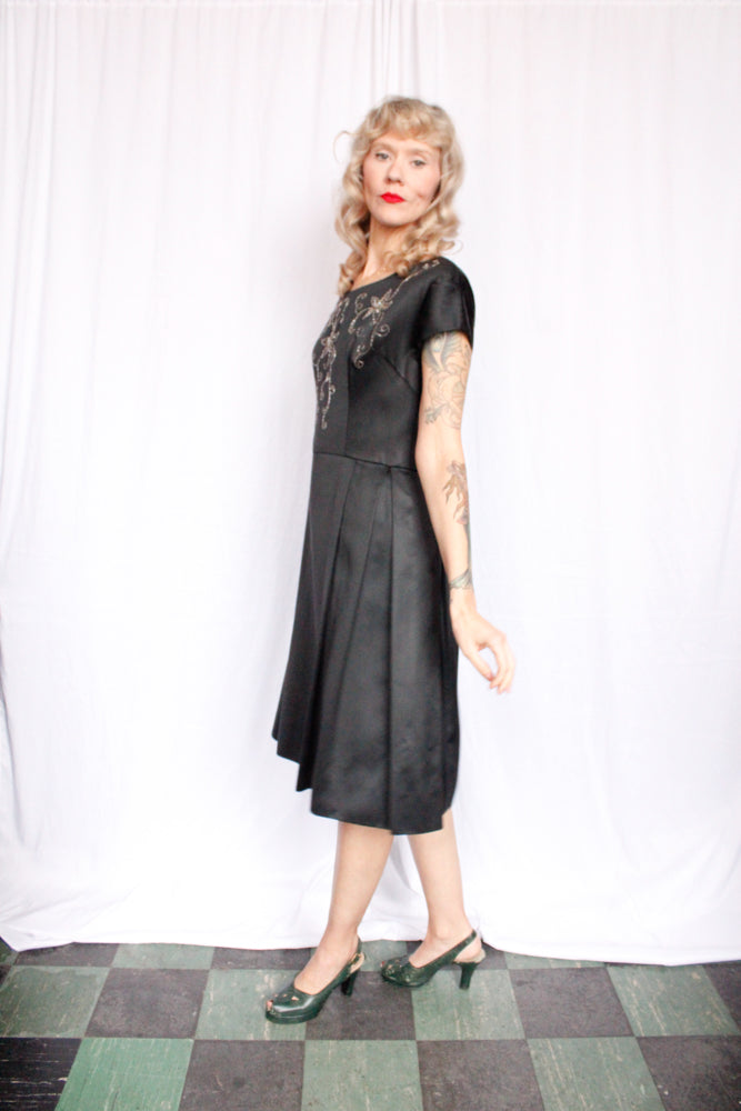 1950s Faux Satin Beaded Cocktail Dress - L/XL