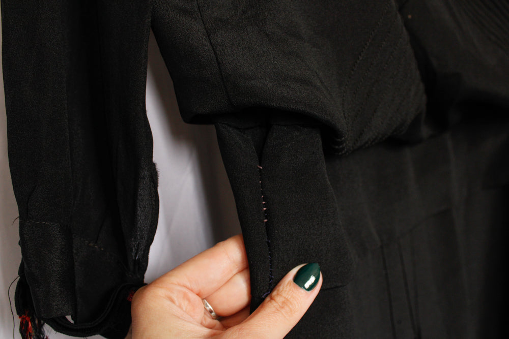 1920s Ada Black Silk Dress with Red Buttons - Medium