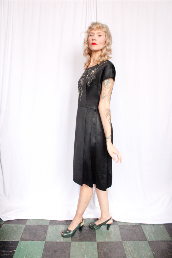 1950s Faux Satin Beaded Cocktail Dress - L/XL