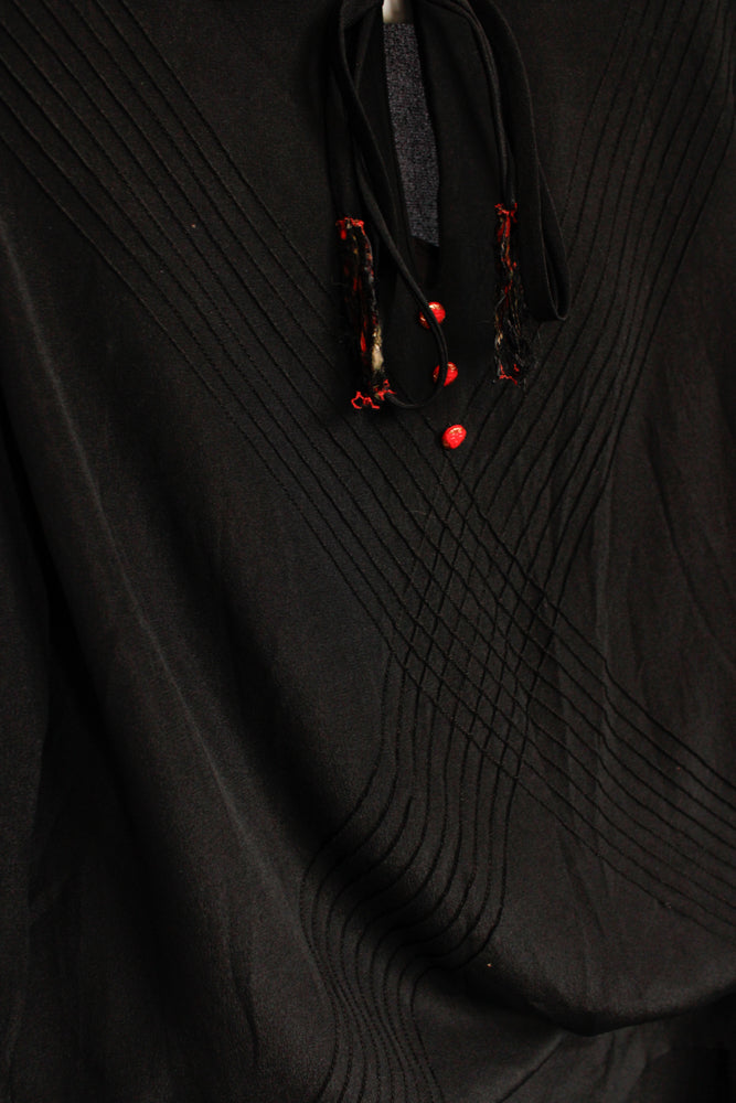 1920s Ada Black Silk Dress with Red Buttons - Medium
