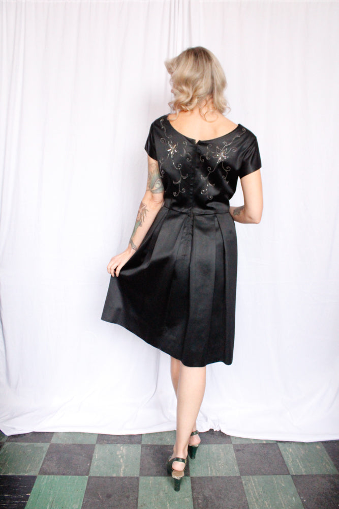 1950s Faux Satin Beaded Cocktail Dress - L/XL