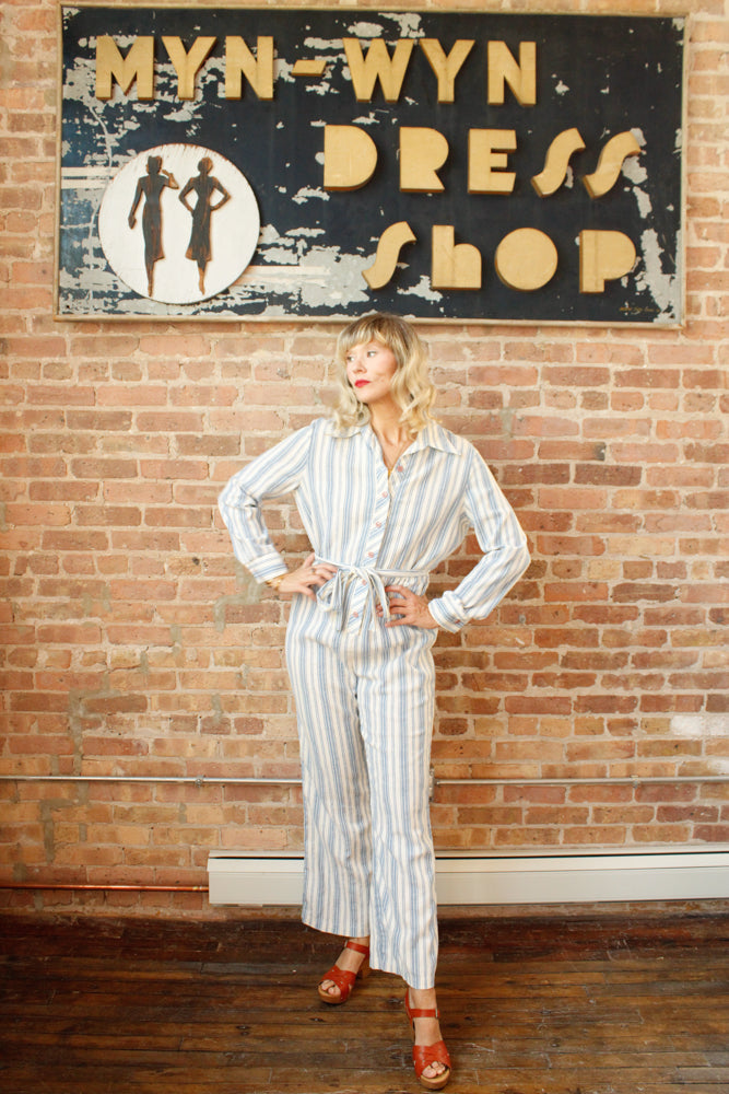 1970s Striped Cotton Jumpsuit - XLarge