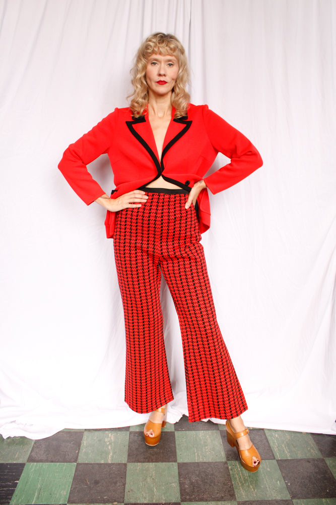 1970s Red Orange & Black Houndstooth Knit Wool Suit - L/XL