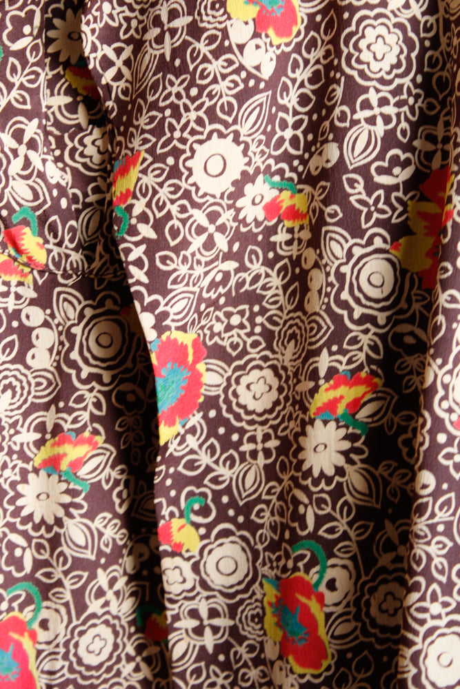 1930s Silk Fall Floral Puff Sleeve Dress and Jacket - Medium