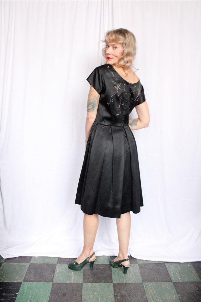 1950s Faux Satin Beaded Cocktail Dress - L/XL