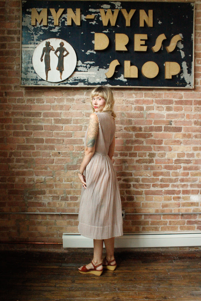 1950s Sheer Puckered Nylon Striped Dress - Medium