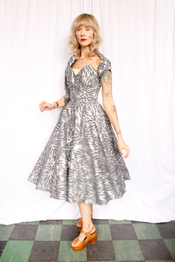 1950s Silver Leaf Fred Perlberg Strapless Party Dress with Shawl - Small