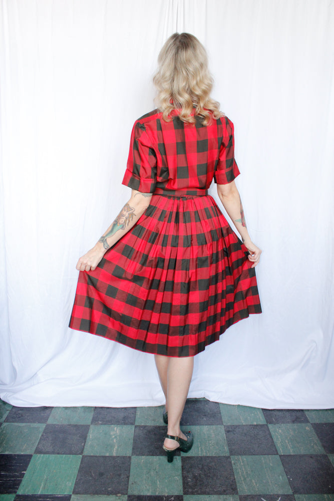 1950s Buffalo Plaid Silk Dress - Medium