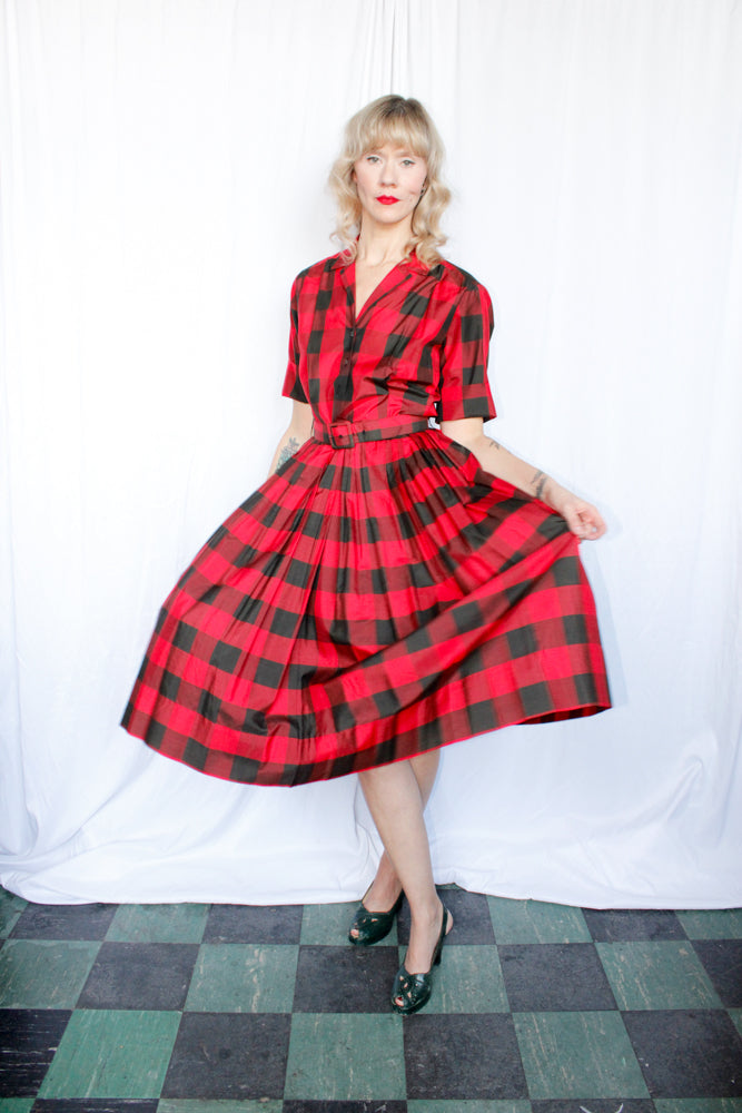 1950s Buffalo Plaid Silk Dress - Medium
