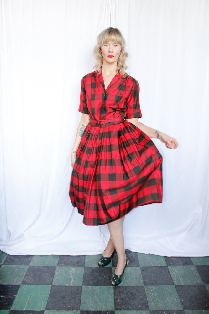 1950s Buffalo Plaid Silk Dress - Medium
