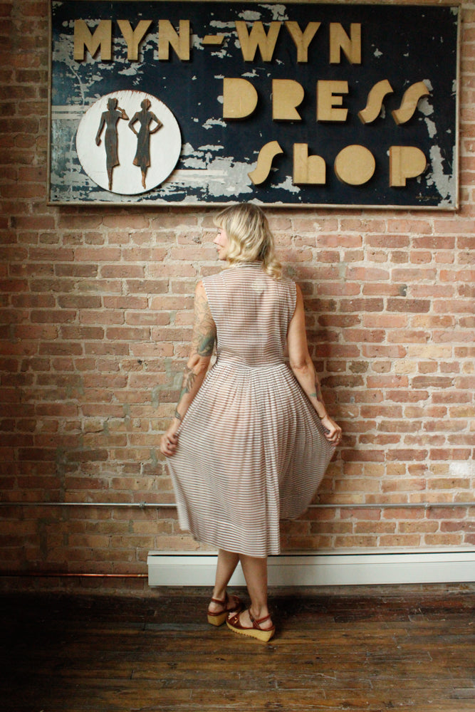 1950s Sheer Puckered Nylon Striped Dress - Medium