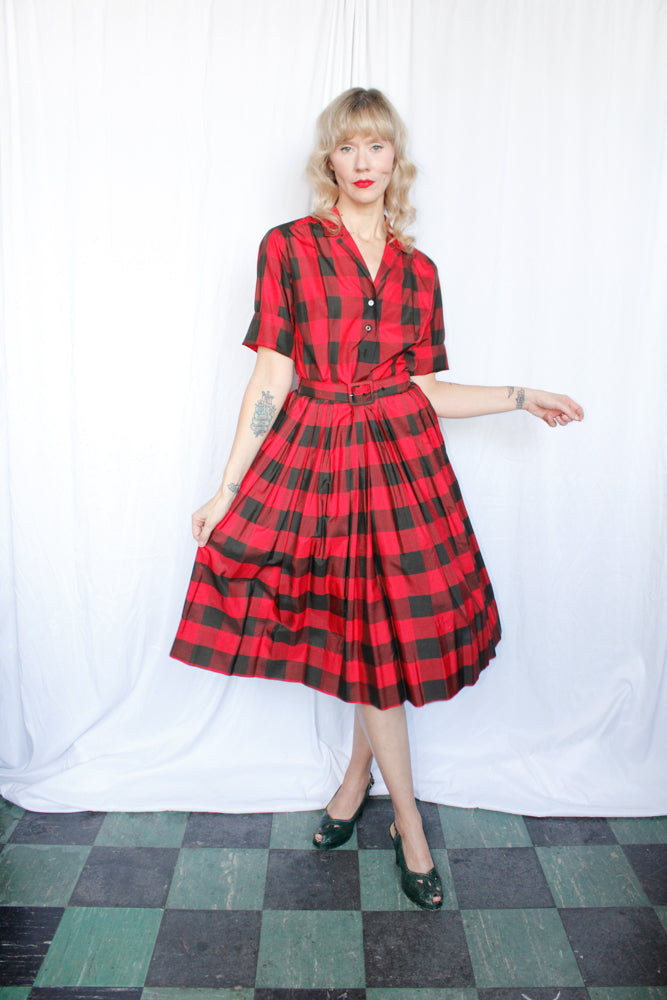 1950s Buffalo Plaid Silk Dress - Medium