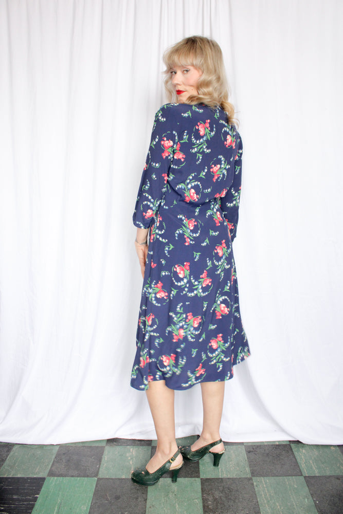 1940s Floral Cold Rayon Dress - Medium