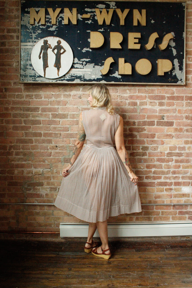 1950s Sheer Puckered Nylon Striped Dress - Medium