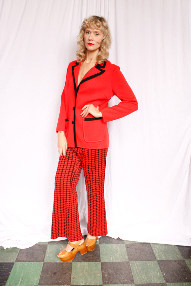 1970s Red Orange & Black Houndstooth Knit Wool Suit - L/XL