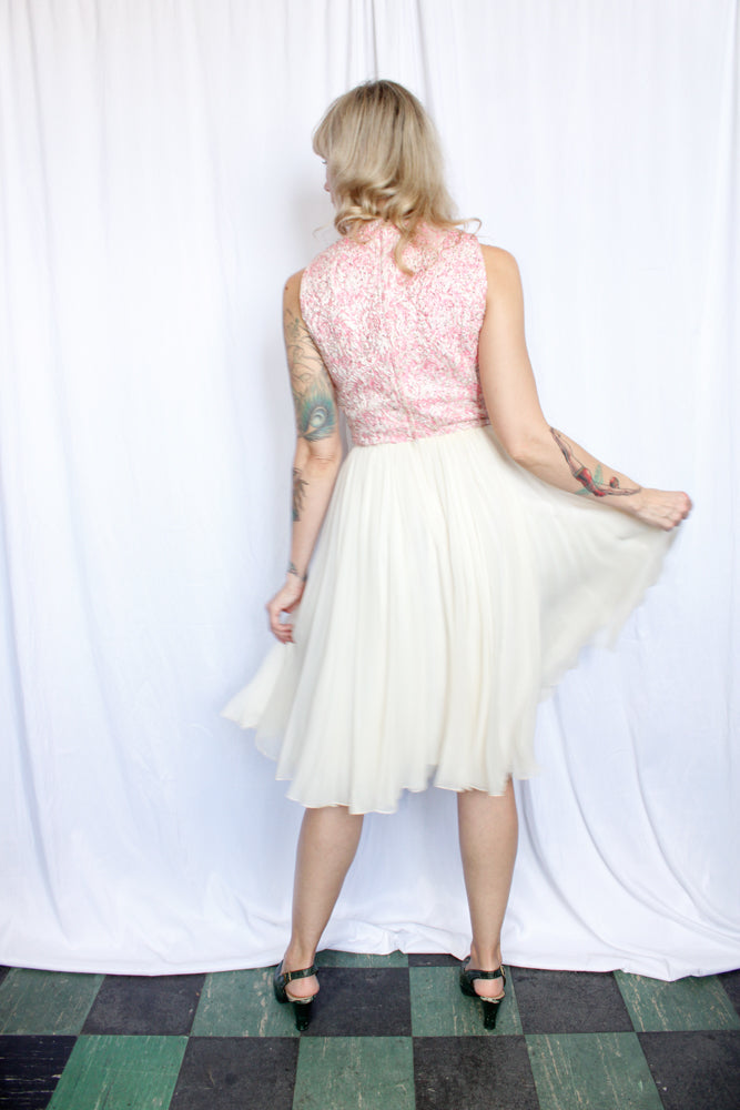 1950s Spring Silk Brocade and Chiffon Dress and Jacket - Small